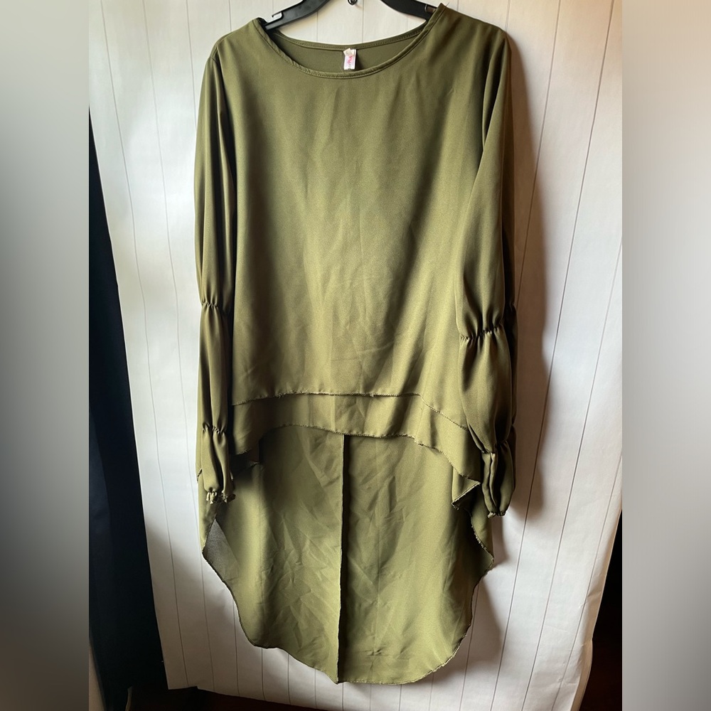 Olive Green Tunic High Low Hem Ruched Long Sleeves NWOT